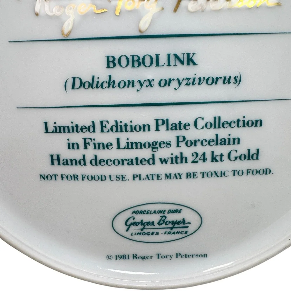 Roger Tory Peterson Bobolink Limoges Porcelain Plate 24kt Gold Trim 1981